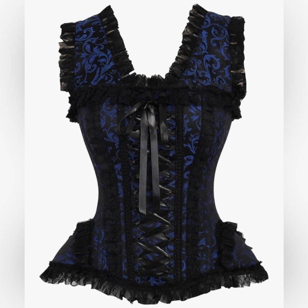 Daisy corsets Womens Top Drawer Blue/Black Swirl Brocade & Lace Steel